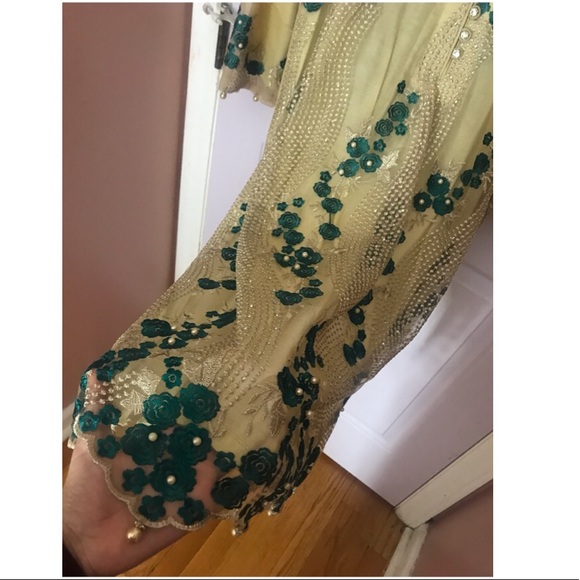 3 pc Pakistani India Tan Aqua Chiffon Bead Outfit - Picture 5 of 7